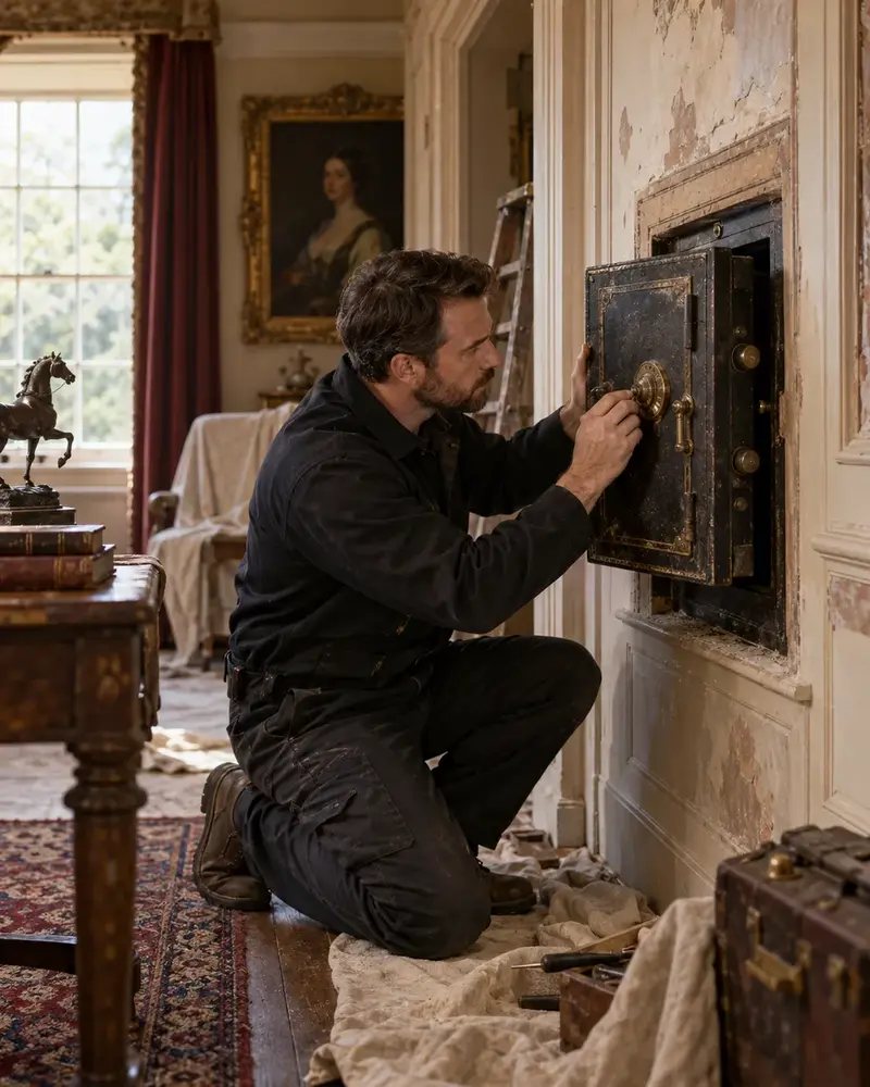 Specialist inspecting an old safe in a period property