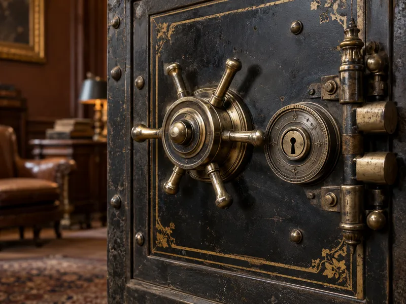 Close view of the mechanism of an old safe