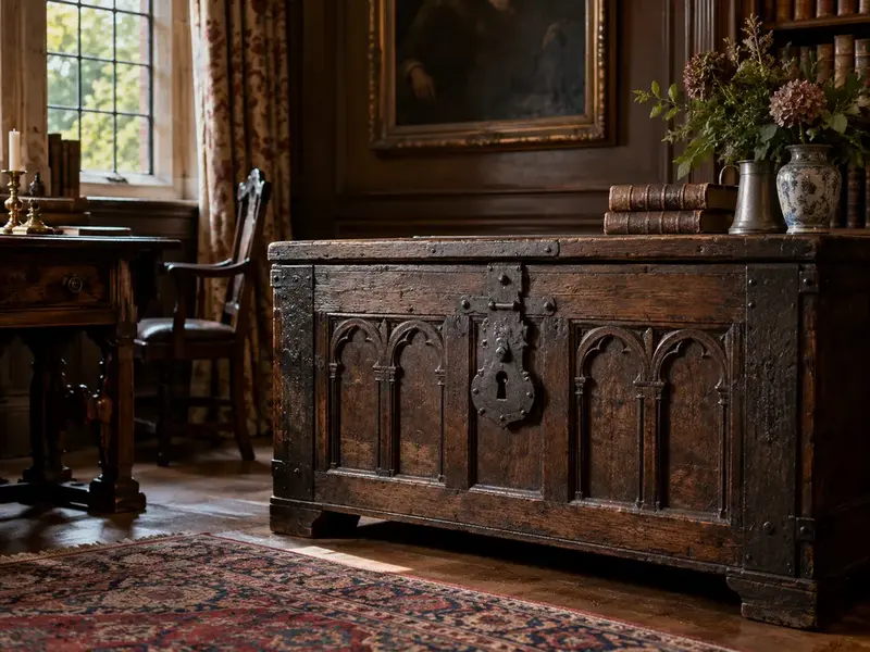 Old locked cabinet and antique storage furniture
